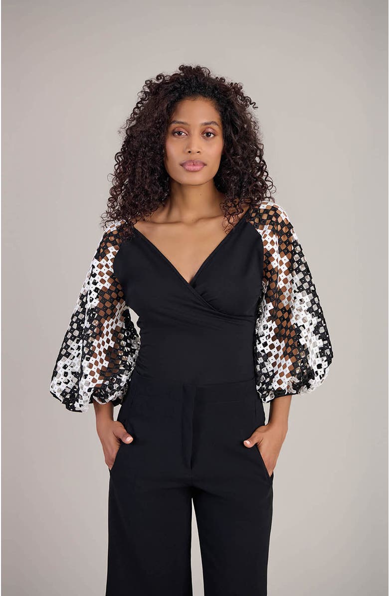 Anne Fontaine Women's  Mirella Black V-Neck Top With Sheer Mesh Sleeves, Alternate, color, Black