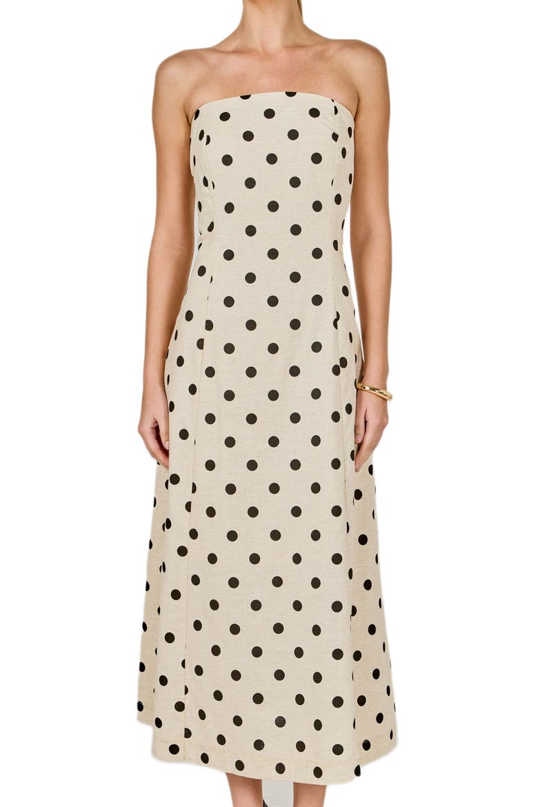 Polka Dot Strapless Linen & Cotton Dress, Alternate, color, SAND/ BLACK