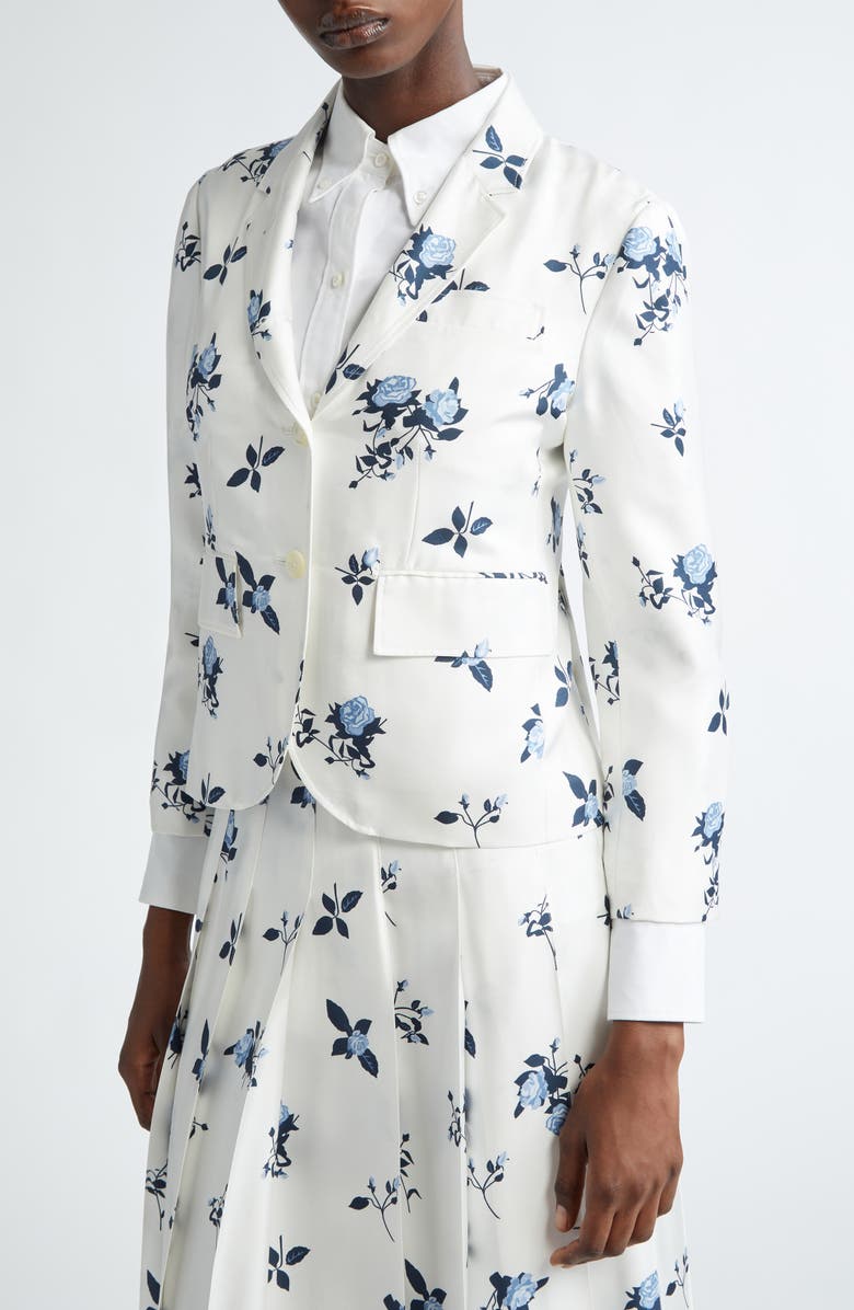 Thom Browne Rose Print Fit 3 Silk Twill Blazer, Alternate, color, White