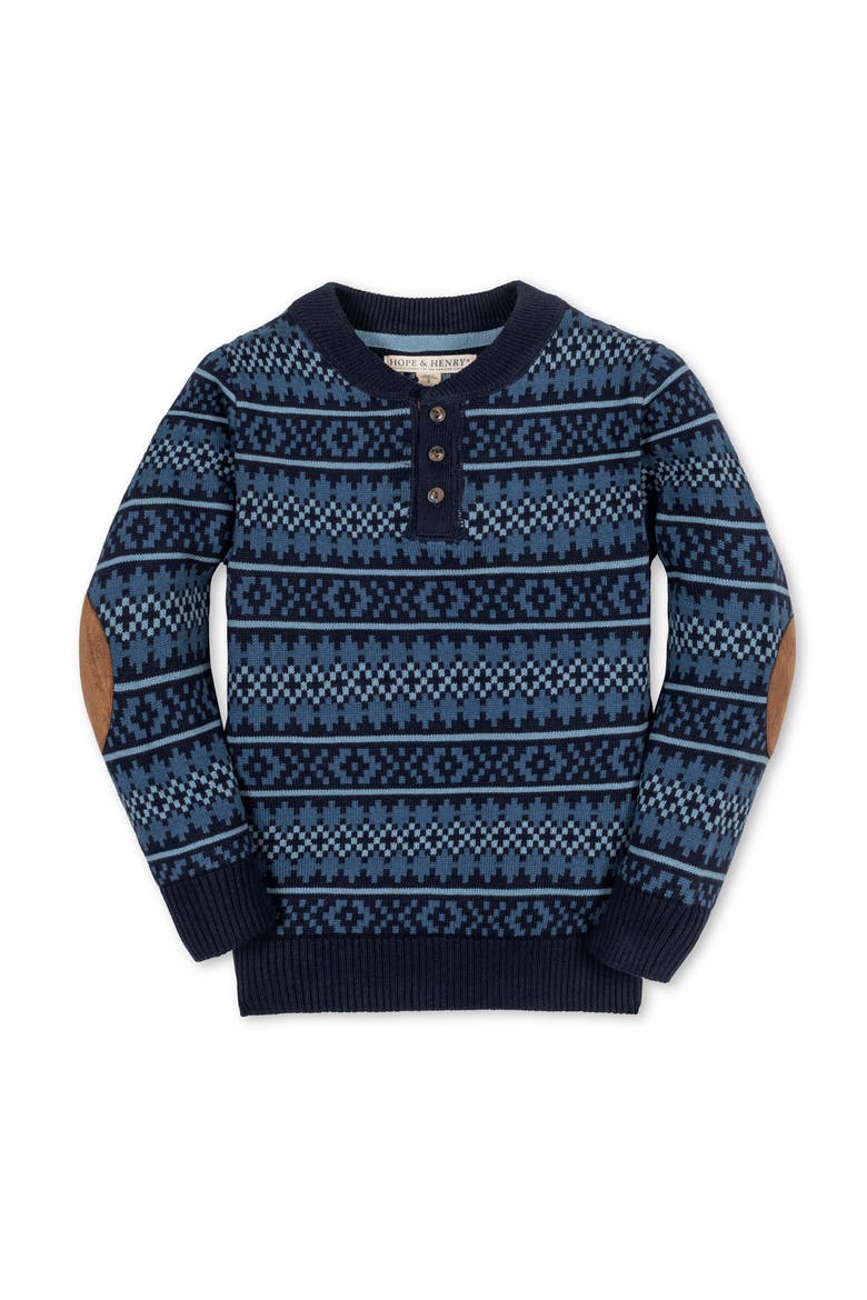 Kids' Organic Long Sleeve Henley Pullover Sweater with Elbow Patches, Main, color, Ivory Purl Stripe