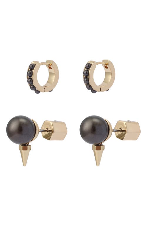 Allsaints Spike Faux Pearl Stud & Hoop Earrings Set In Brown