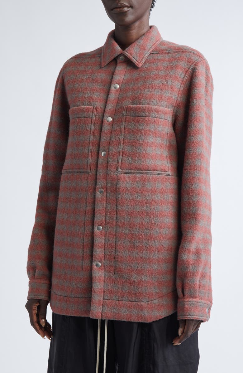 Rick Owens Check Virgin Wool Overshirt, Alternate, color, Rosewood Plaid