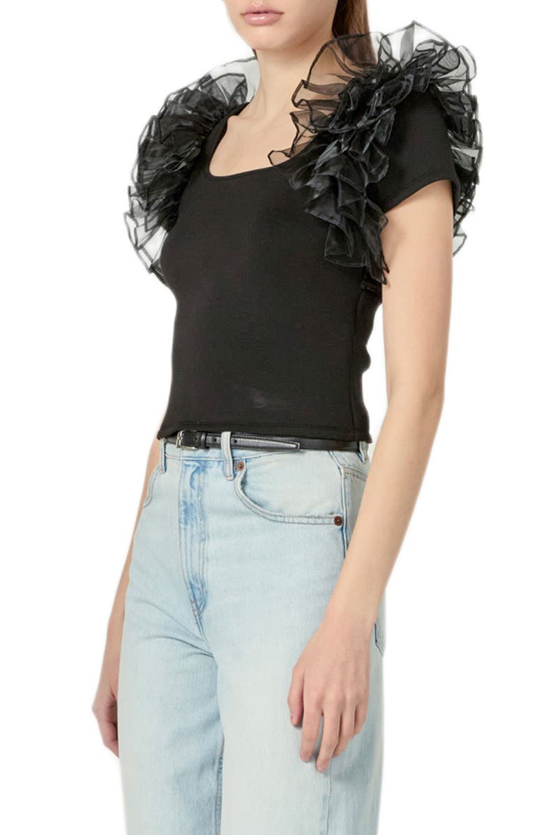 English Factory Organza Trim Top, Alternate, color, Black
