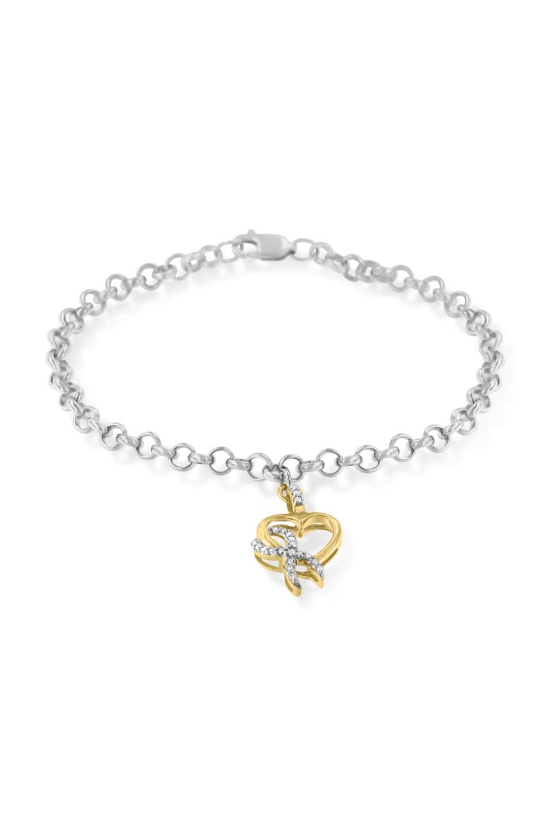 10K Yellow Gold 1/10 Cttw Diamond Ribbon & Heart Charm on Silver Rolo Bracelet, Alternate, color, Yellow