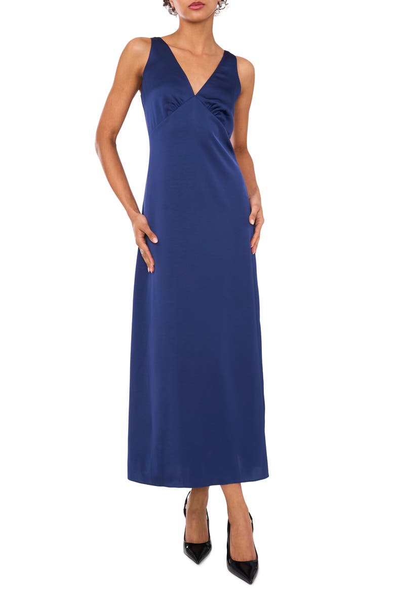 V-Neck Satin Midi Dress, Main, color, INDIGO NIGHT
