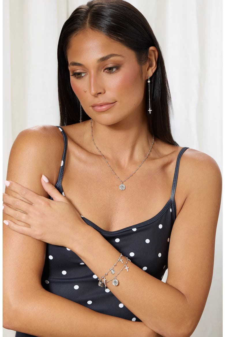 Imitation Pearl & Cross Linear Drop Earrings, Alternate, color, SILVER