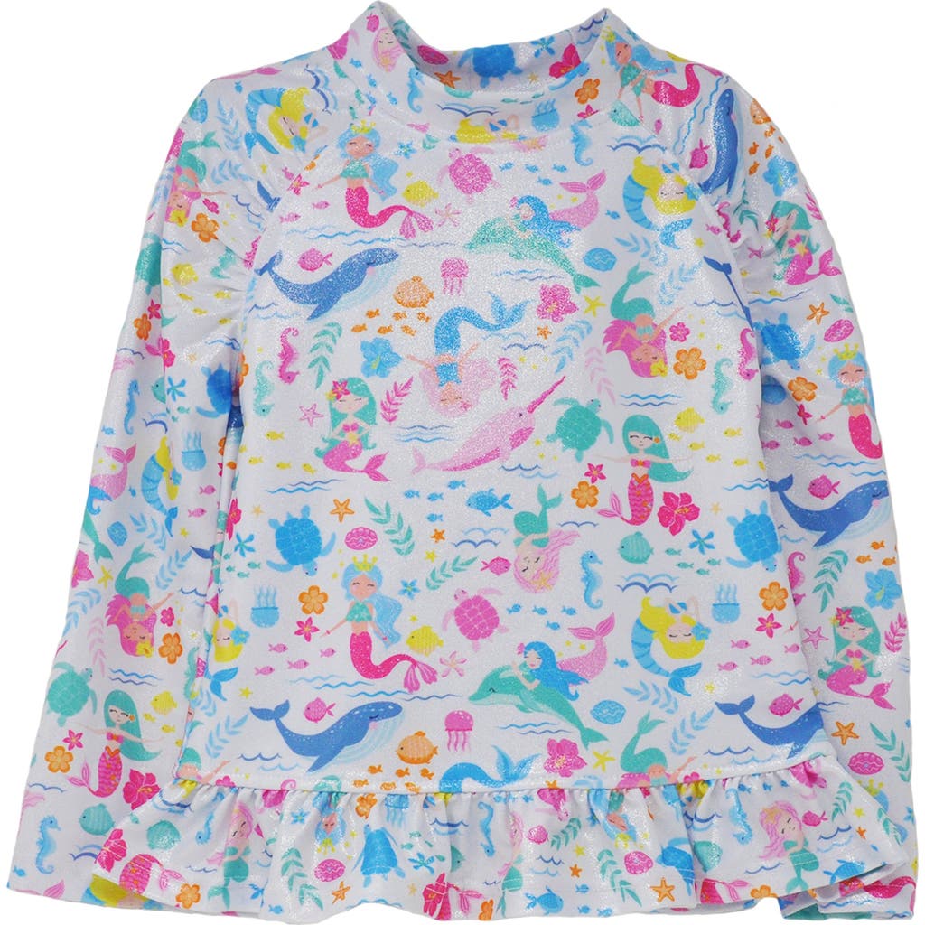 Flap Happy Sustainably Made Upf 50+ Girls' Ruffle Rash Guard Swim Top In Mermaid Friends