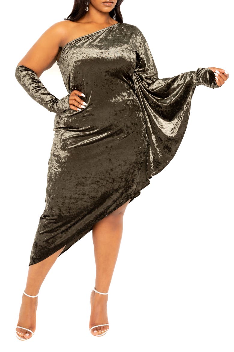 Crushed Velvet Asymmetric One-Shoulder Crushed Velvet Dress & Gloves, Main, color, GREY EMERALD