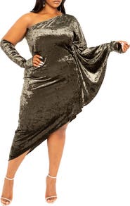 BUXOM COUTURE Crushed Velvet Asymmetric One-Shoulder Crushed Velvet Dress & Gloves