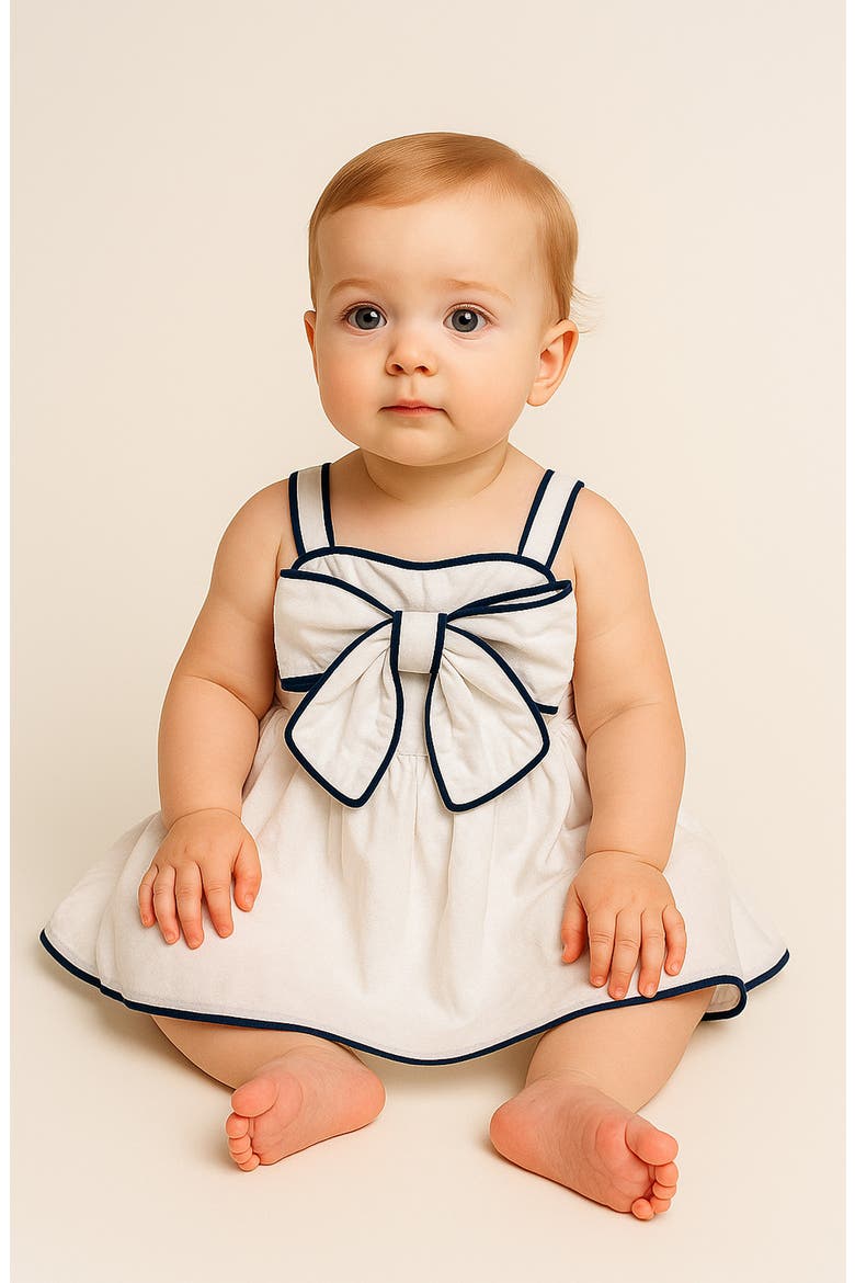 Piped Bow Front Cotton Dress with Bloomers, Alternate, color, WHITE