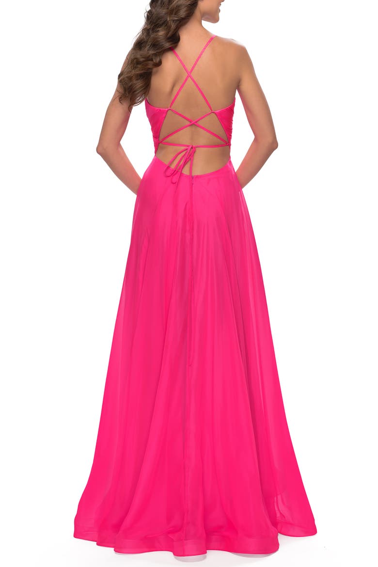 Chiffon Prom Dress with Ruched Bodice and Slit, Alternate, color, Neon Pink