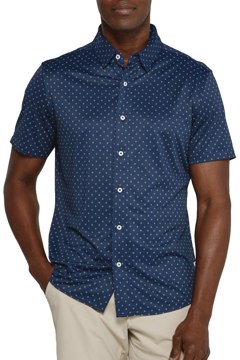 Alfie Dot Print Short Sleeve Performance Button-Up Shirt, Main, color, NAVY