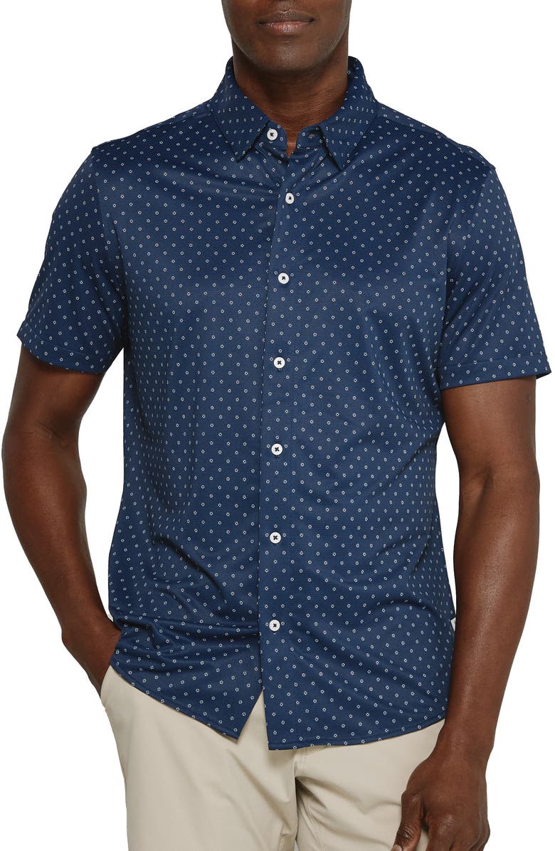 7 Diamonds Alfie Dot Print Short Sleeve Performance Button-Up Shirt, Main, color, Navy