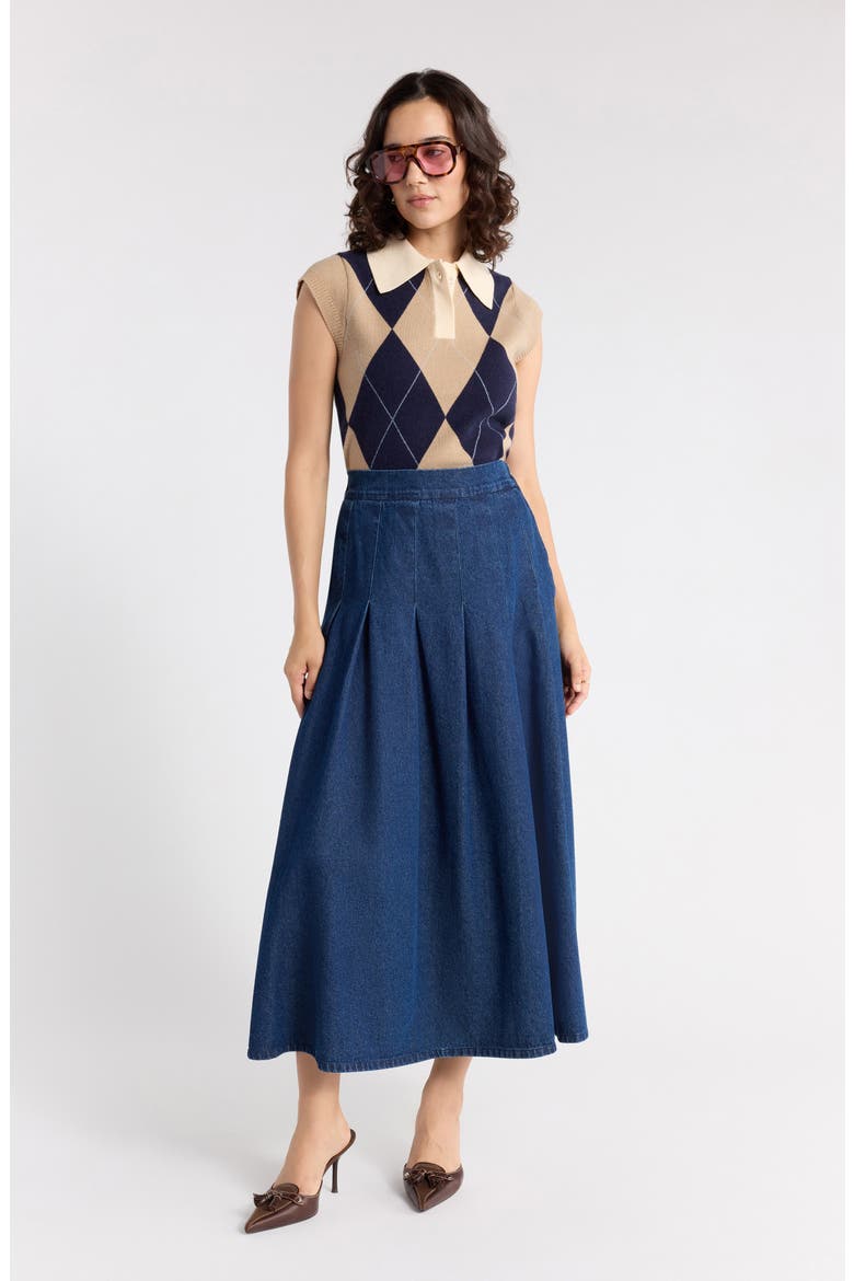 Pleated Denim Midi Skirt, Alternate, color, MEDIUM WASH