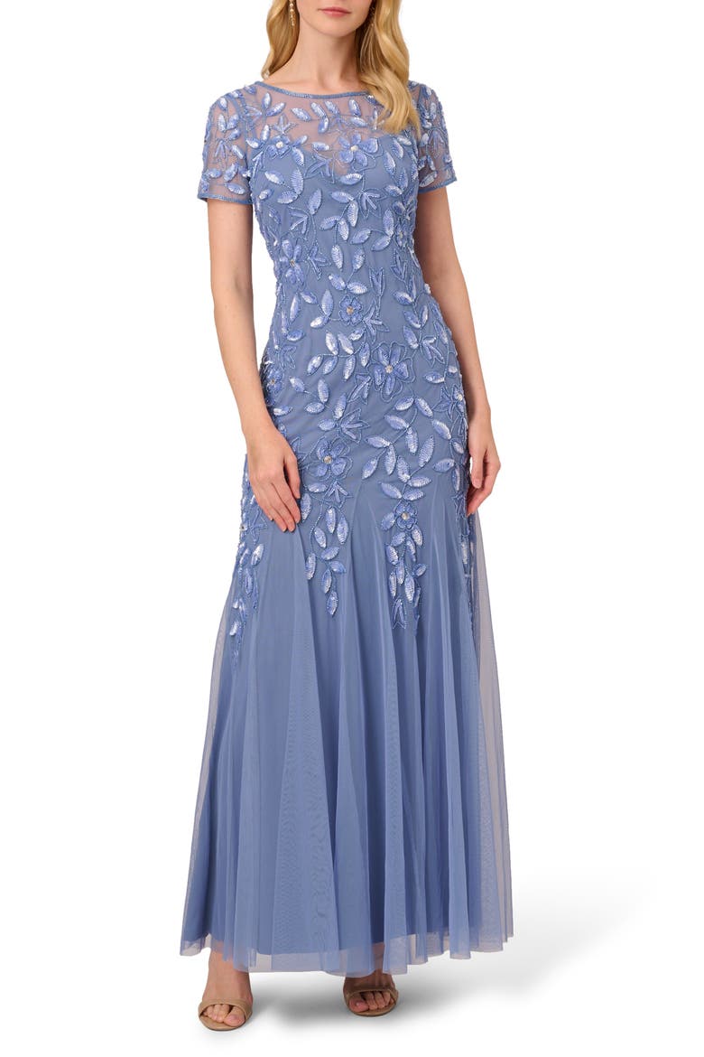 Floral Embroidered Beaded Trumpet Gown, Main, color, FRENCH BLUE