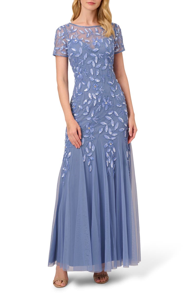 Adrianna Papell Floral Embroidered Beaded Trumpet Gown, Main, color, French Blue