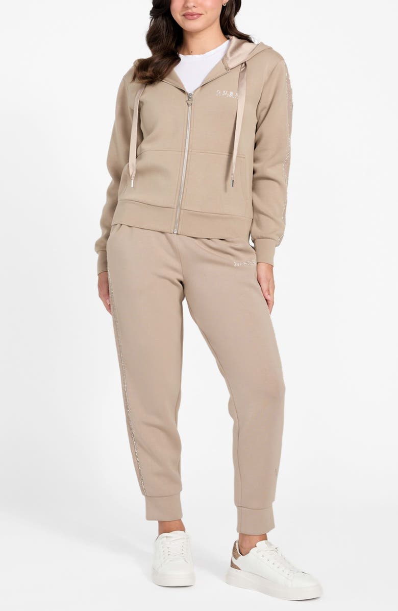 GUESS Rhinestone Embellished Zip Hoodie, Alternate, color, Beige
