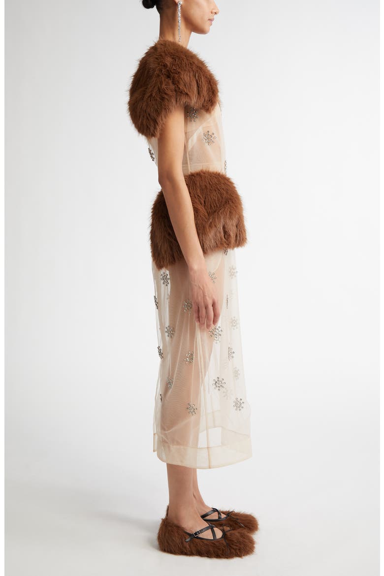 Embellished Faux Fur Panel Sheer Midi Dress, Alternate, color, SHEER IVORY/ DIAMANTE/ BROWN