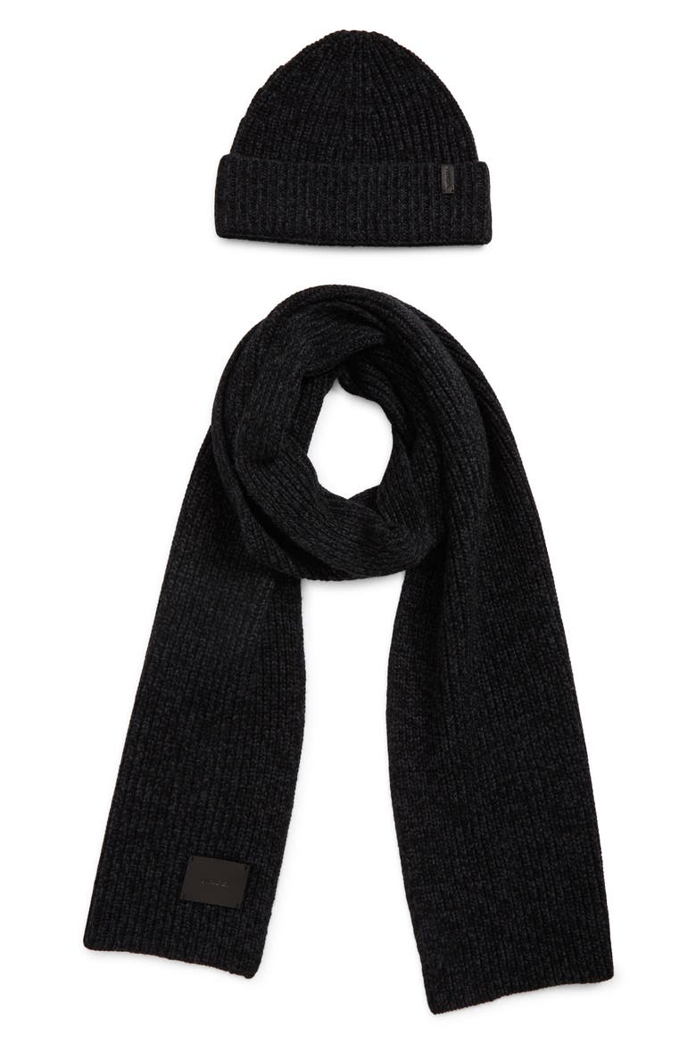 Shaker Knit Cuffed Beanie & Scarf Set, Main, color, BLACK