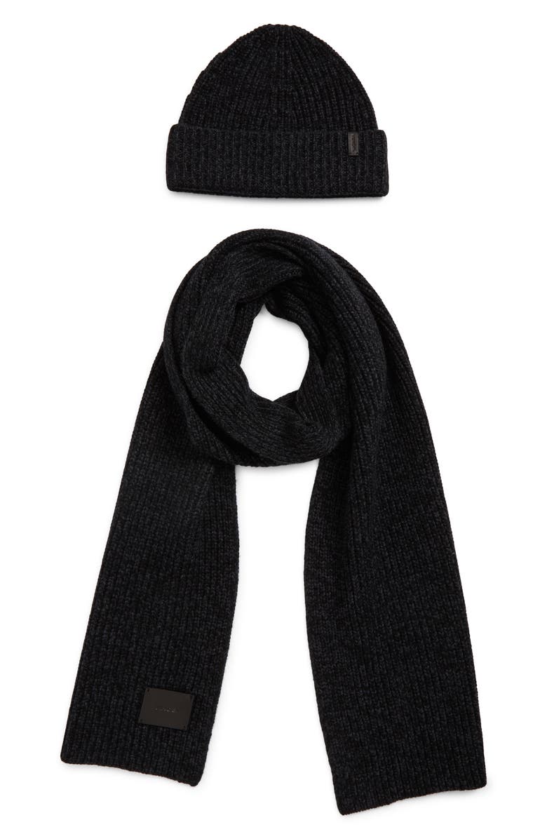 Vince Shaker Knit Cuffed Beanie & Scarf Set, Main, color, Black