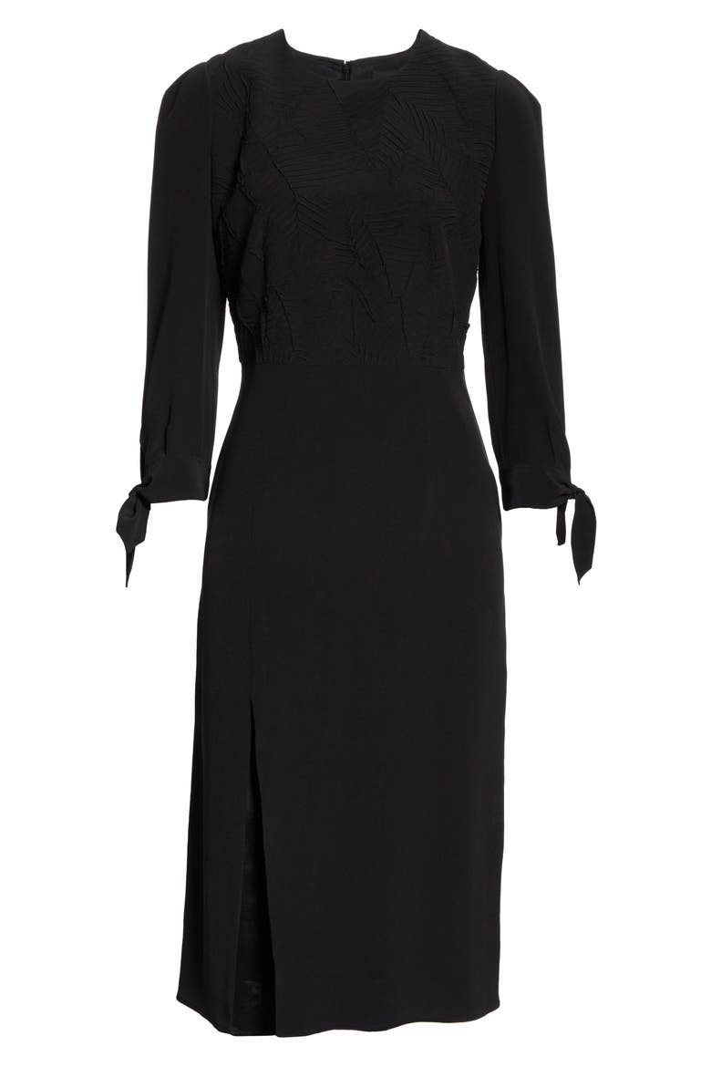 Side Slit Leaf Cloqué Silk Dress, Alternate, color, BLACK