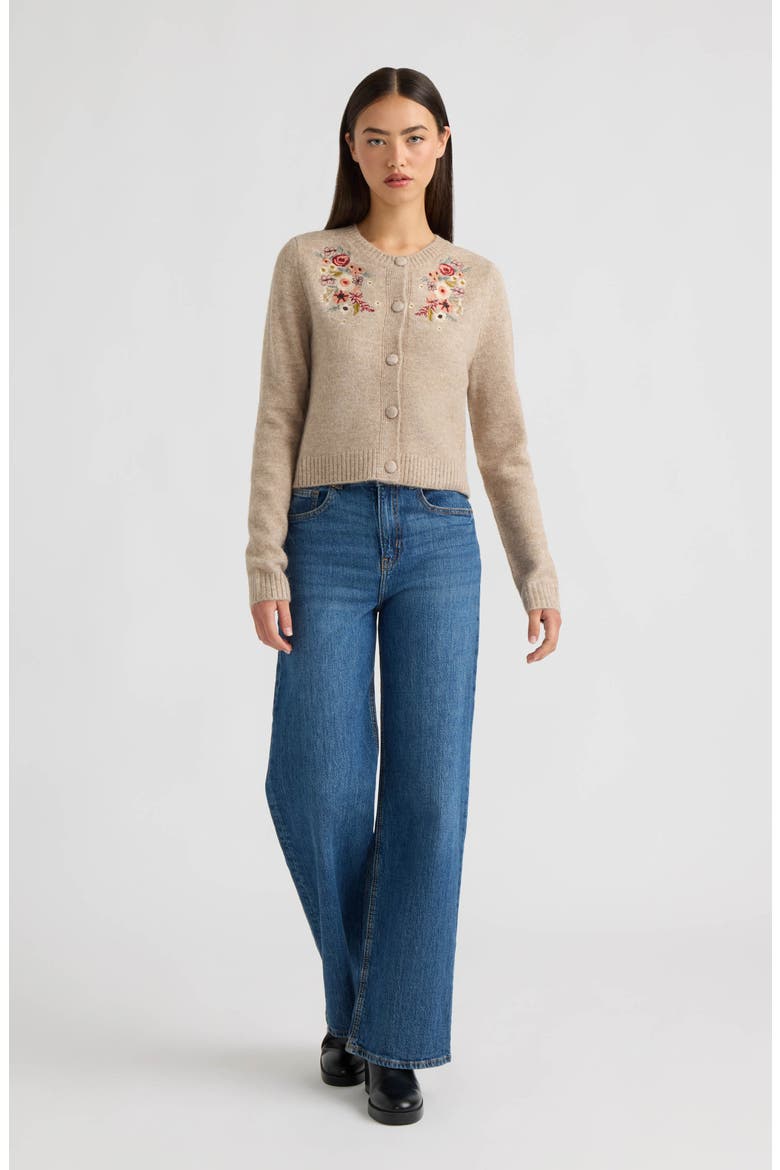 Embroidered Crewneck Cardigan, Alternate, color, TAUPE MIX