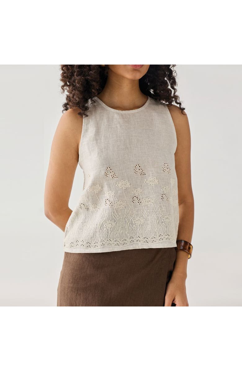 Reistor Embroidered Button Back Top in Checkered Linen, Alternate, color, Embroidered Linen White