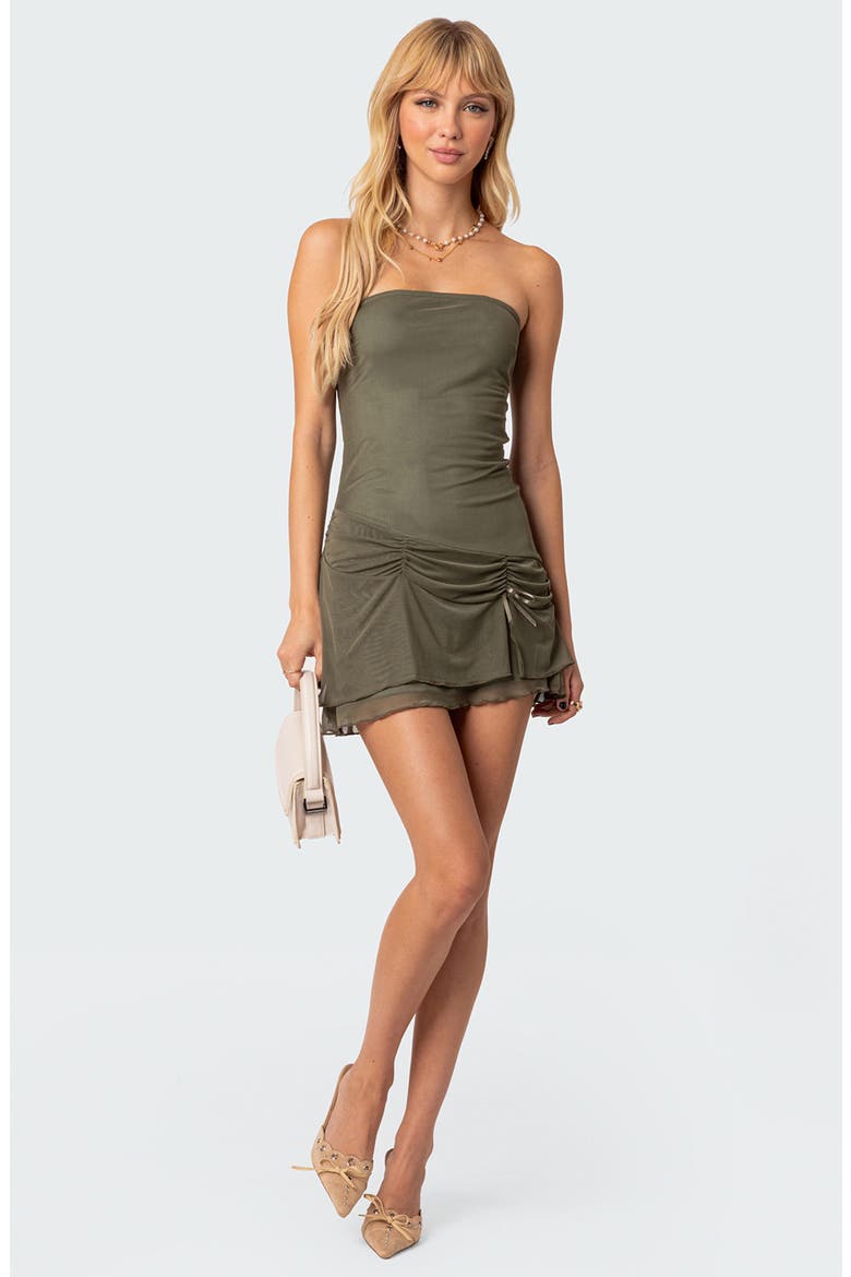 Evelin Ruched Strapless Mesh Minidress, Alternate, color, OLIVE