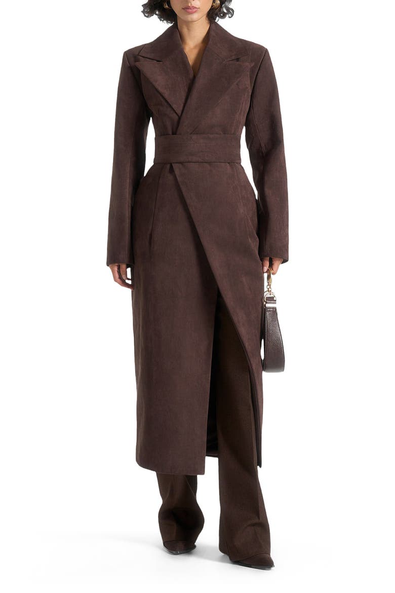 Esma Suede Asymmetric Coat with Cinch Belt, Main, color, Brown