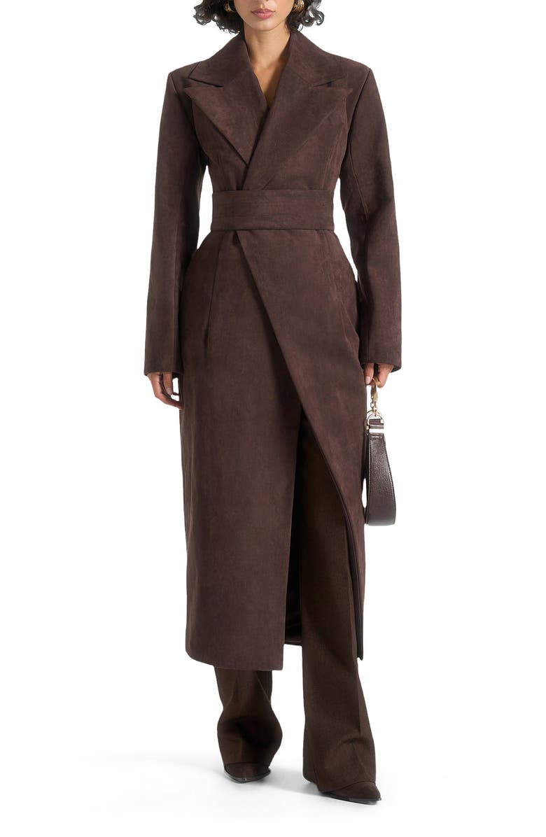 Manière De Voir Esma Suede Asymmetric Coat with Cinch Belt, Main, color, Brown