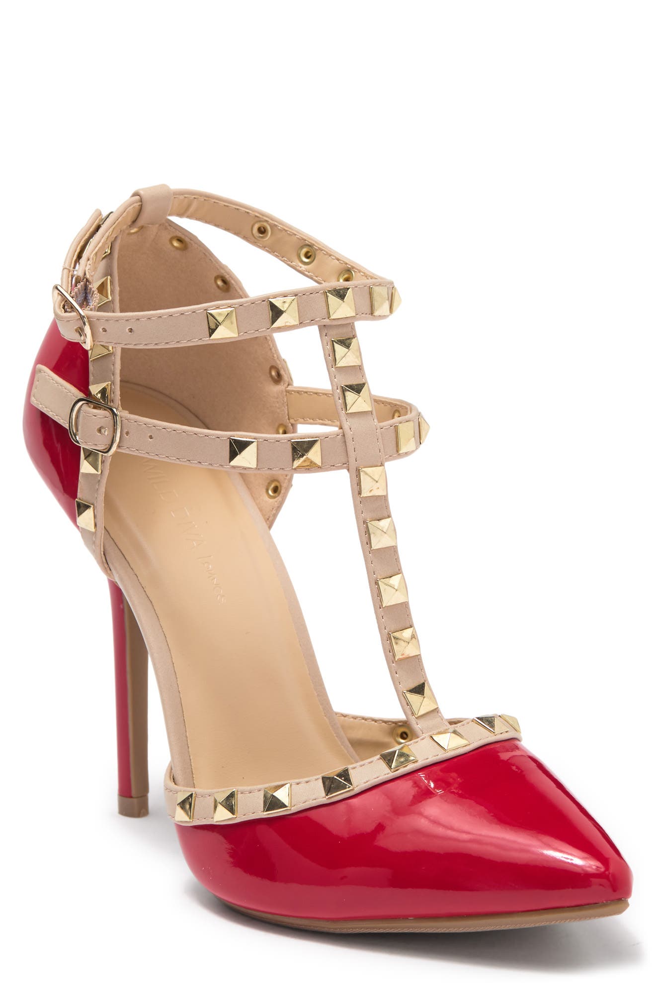 Studded T-Strap Stiletto Pump, Main, color, RED