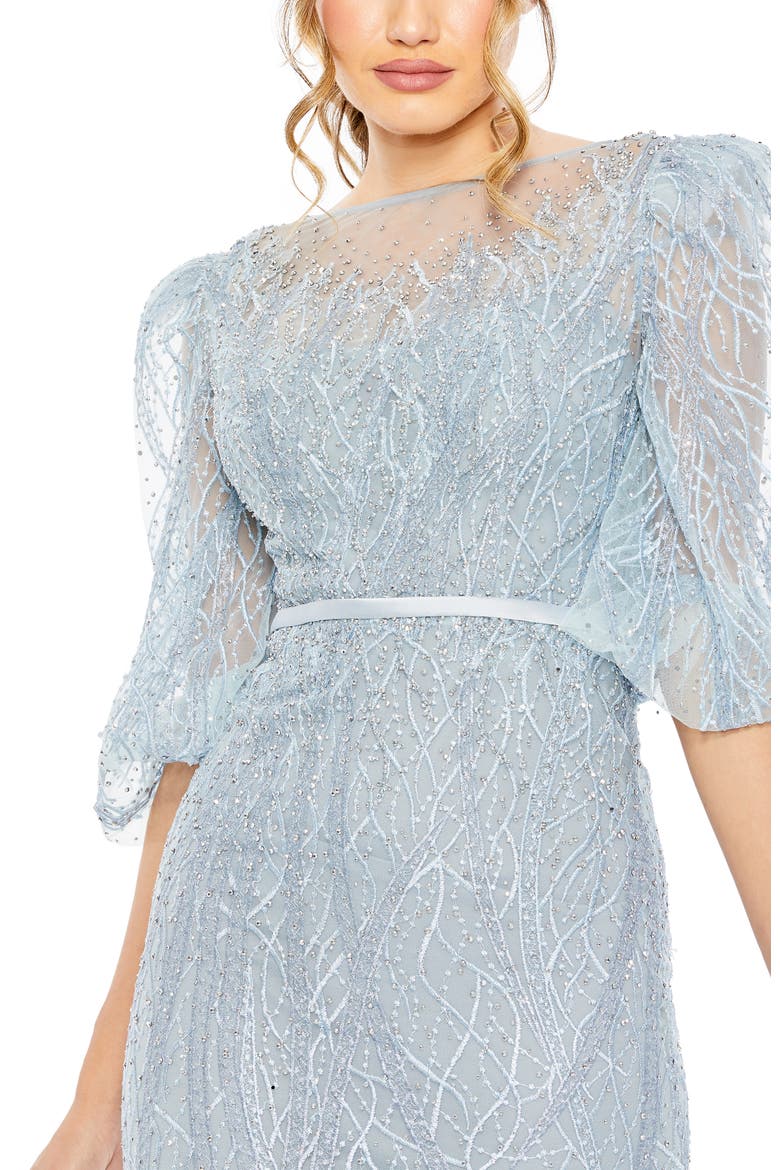 Embroidered Beaded Boat Neck Gown with Illusion Puff Sleeves, Alternate, color, Ice Blue