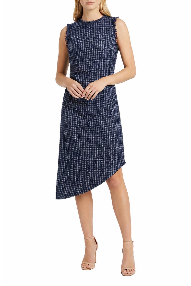 Tweed Asymmetric Midi Dress, Main, color, NAVY