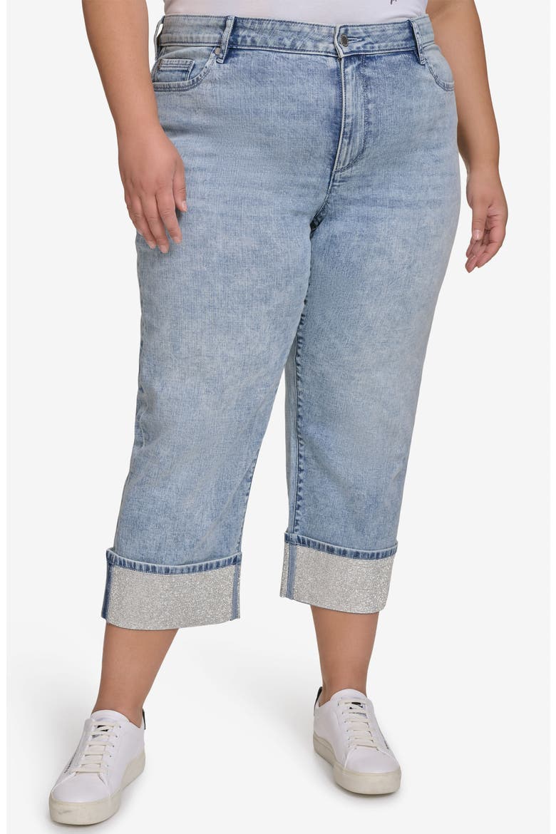 Crystal Cuff High Waist Jeans, Main, color, ICE BLUE