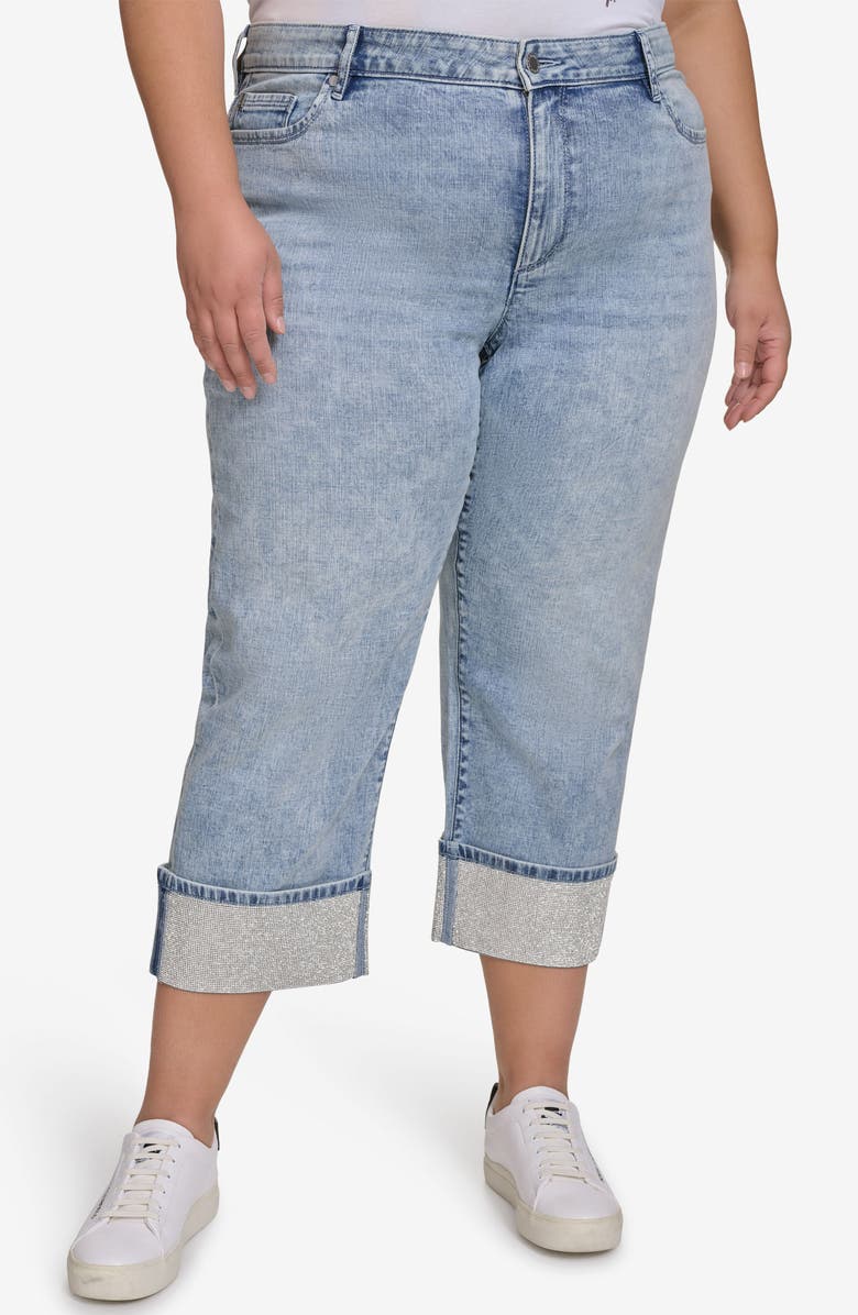 KARL LAGERFELD PARIS Crystal Cuff High Waist Jeans, Main, color, Ice Blue