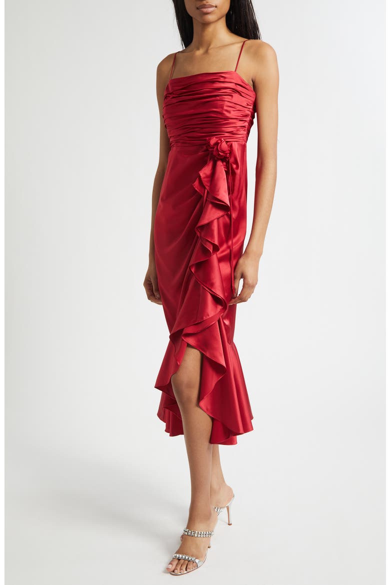 Mireya Ruched Ruffle Sleeveless Silk Maxi Dress, Alternate, color, CHERRY ROSE