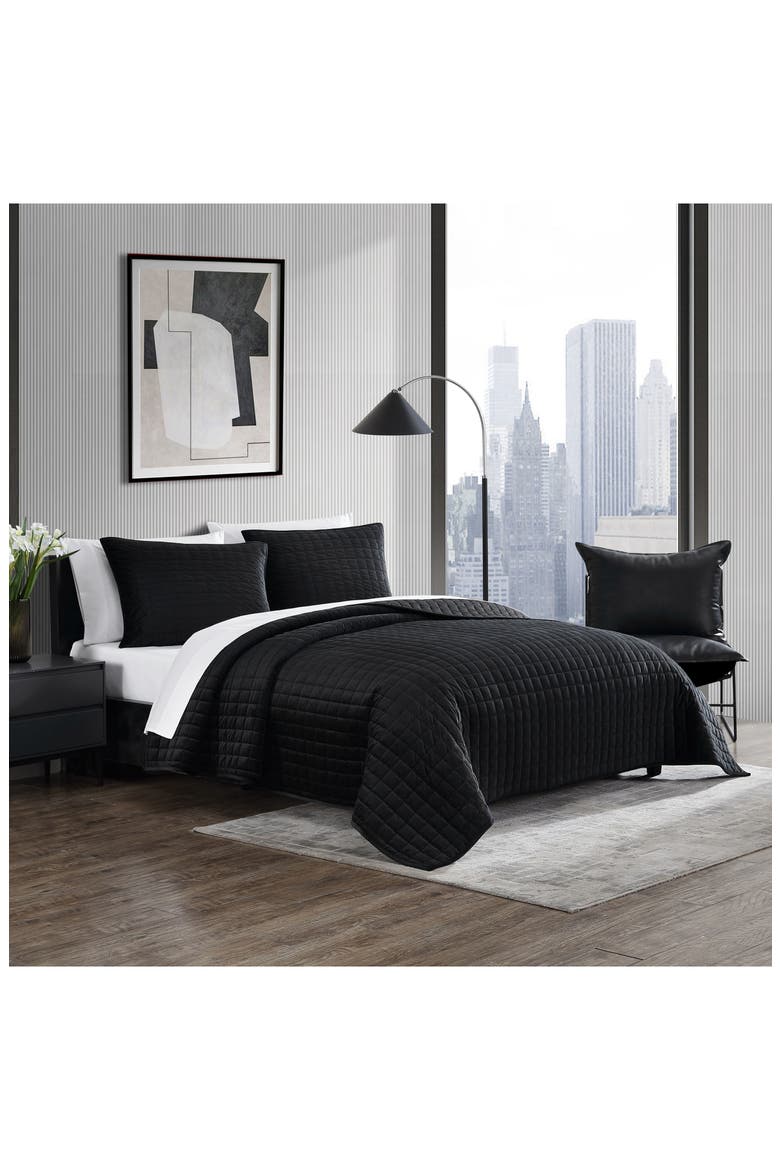 Black Quilted Velvet Comforter Set, Alternate, color, BLACK