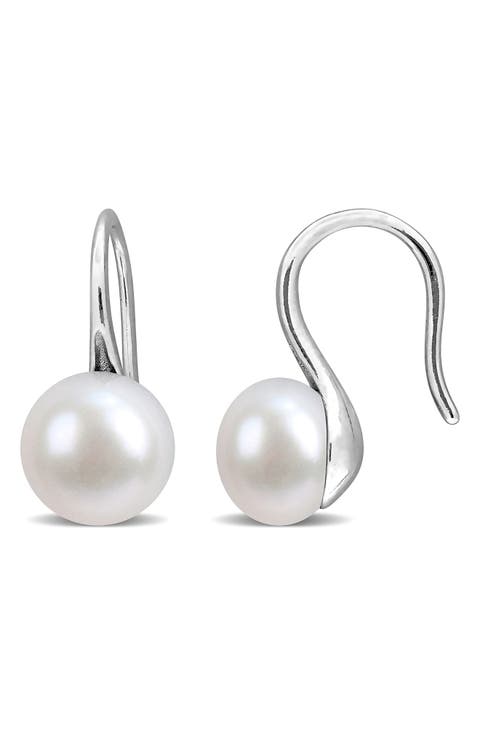 Sterling Silver Cultured White Pearl Drop Earrings