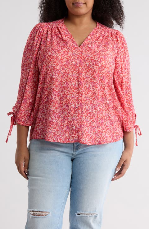 Ditsy Floral V-Neck Long Sleeve Top (Plus)