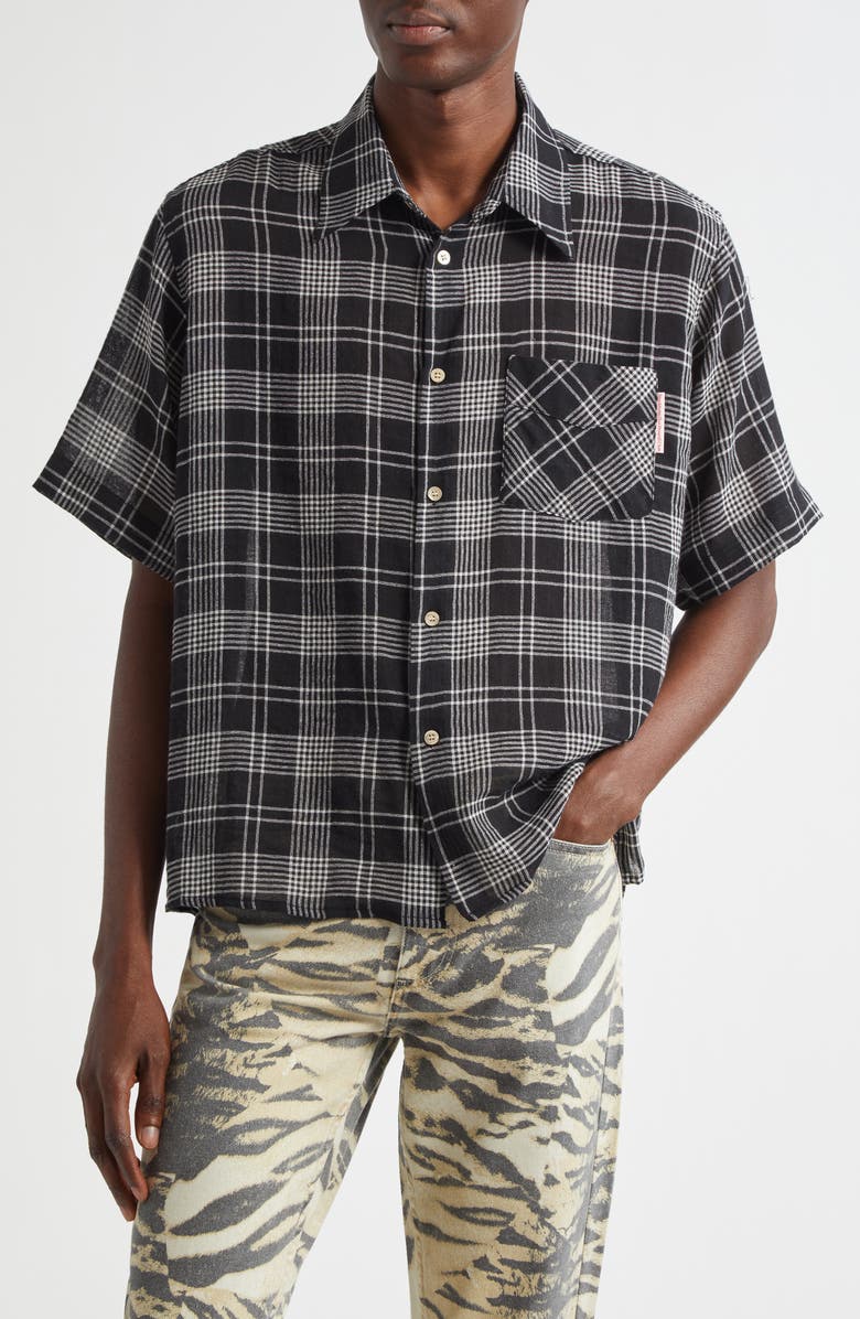 STOCKHOLM SURFBOARD CLUB Jerry Plaid Short Sleeve Button-Up Shirt, Main, color, Black Check
