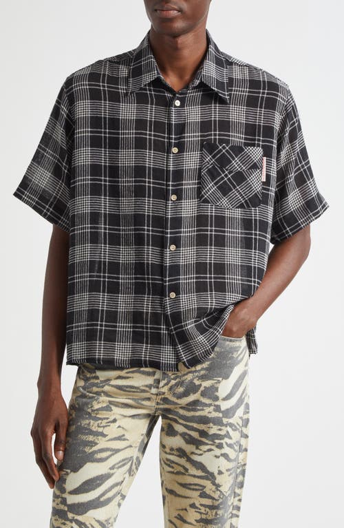 STOCKHOLM SURFBOARD CLUB Jerry Plaid Short Sleeve Button-Up Shirt in Black Check 