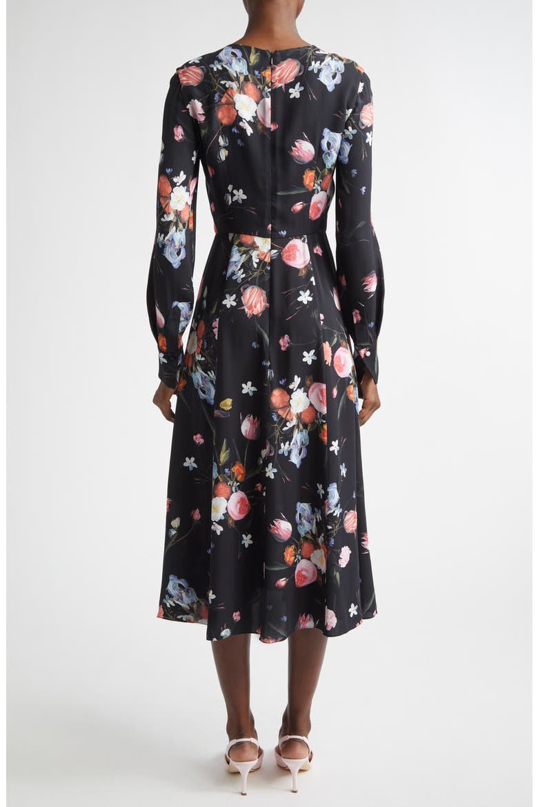 Floral Long Sleeve Crepe Midi Dress, Alternate, color, DUTCH FLOWER PAINTING BLACK