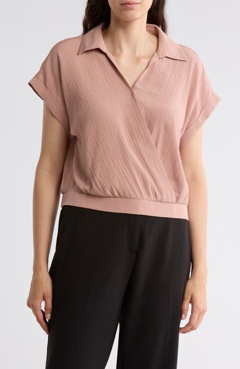 Short Sleeve Faux Wrap Textured Satin Top