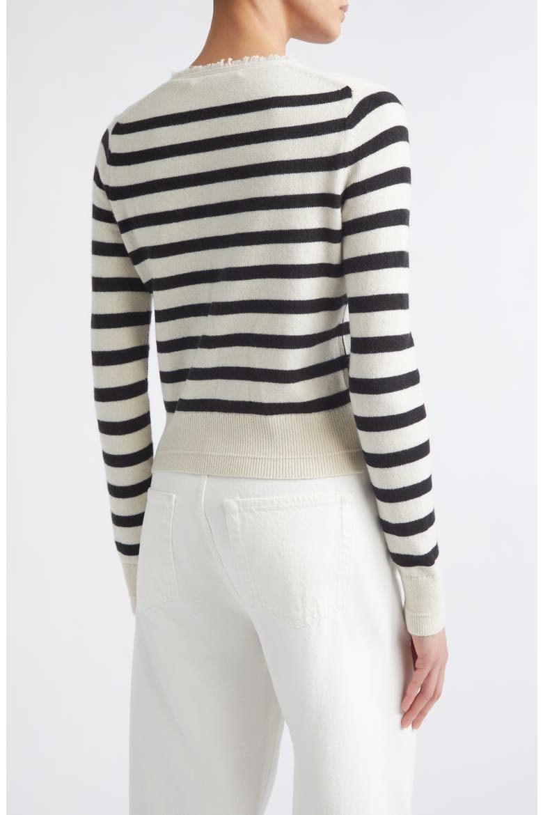 Fringe Trim Stripe Cashmere & Organic Cotton Cardigan, Alternate, color, IVORY/ BLACK STRIPE