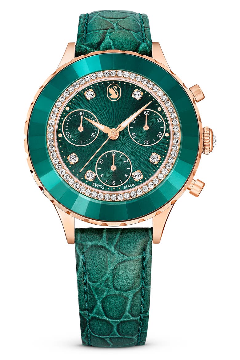 Octea Chronograph Leather Strap Watch, 37mm, Main, color, GREEN
