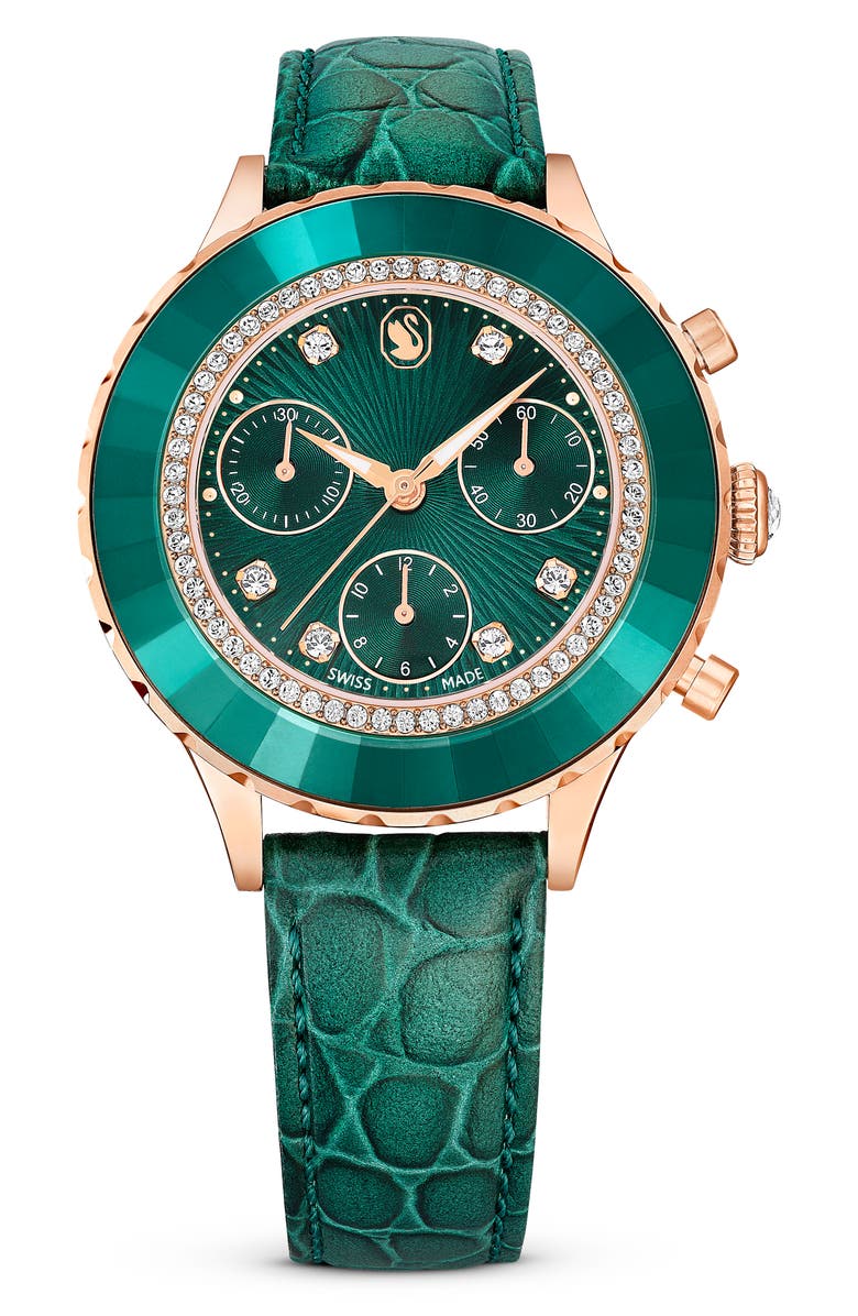 Swarovski Octea Chronograph Leather Strap Watch, 37mm, Main, color, Green
