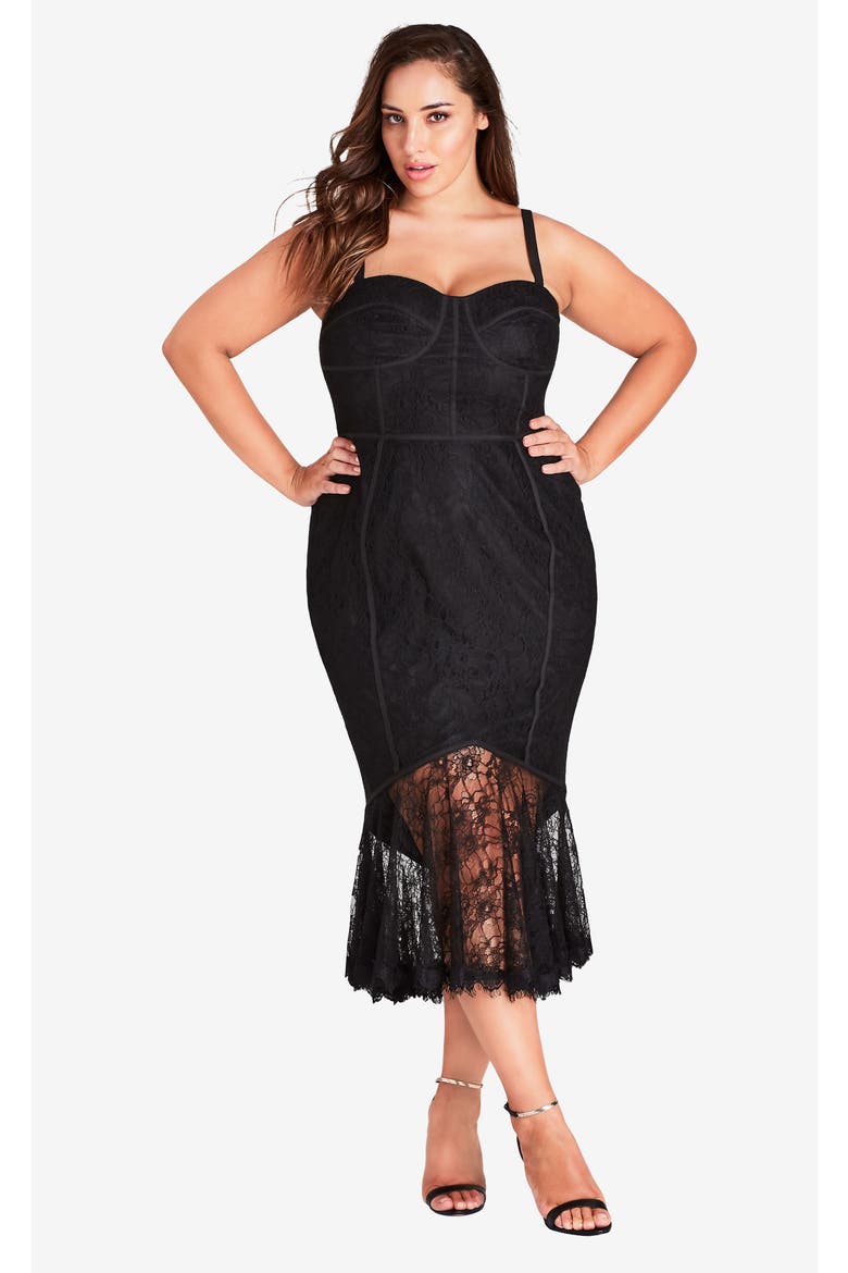 So Seductive Ruffle Hem Lace Body-Con Dress, Alternate, color, BLACK