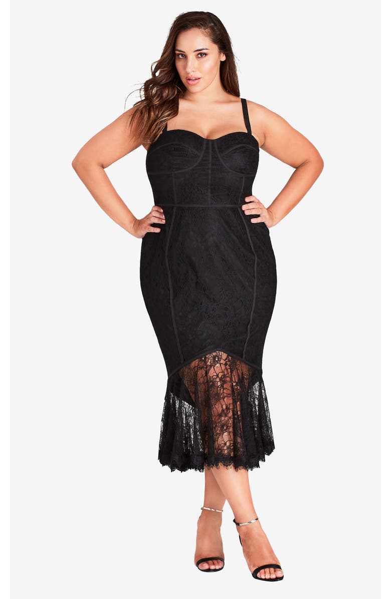 City Chic So Seductive Ruffle Hem Lace Body-Con Dress, Alternate, color,