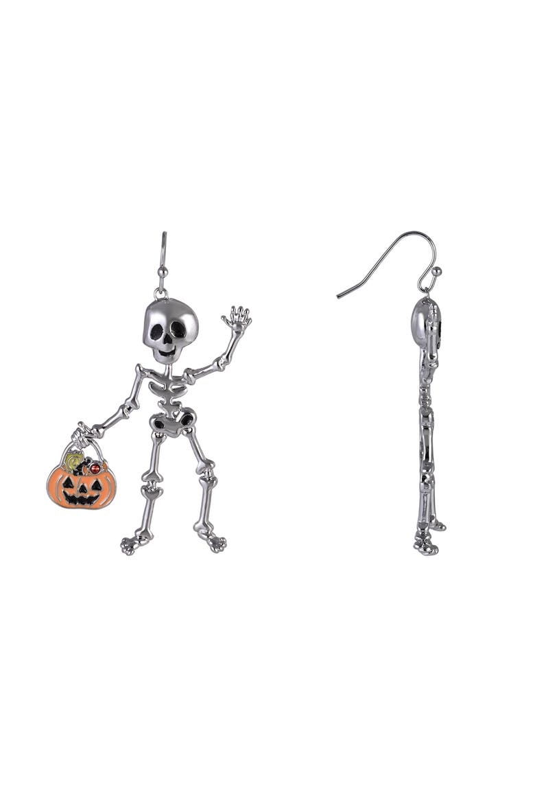 Halloween Friendly Skeleton and Candy Bucket Earrings, Alternate, color, Silver