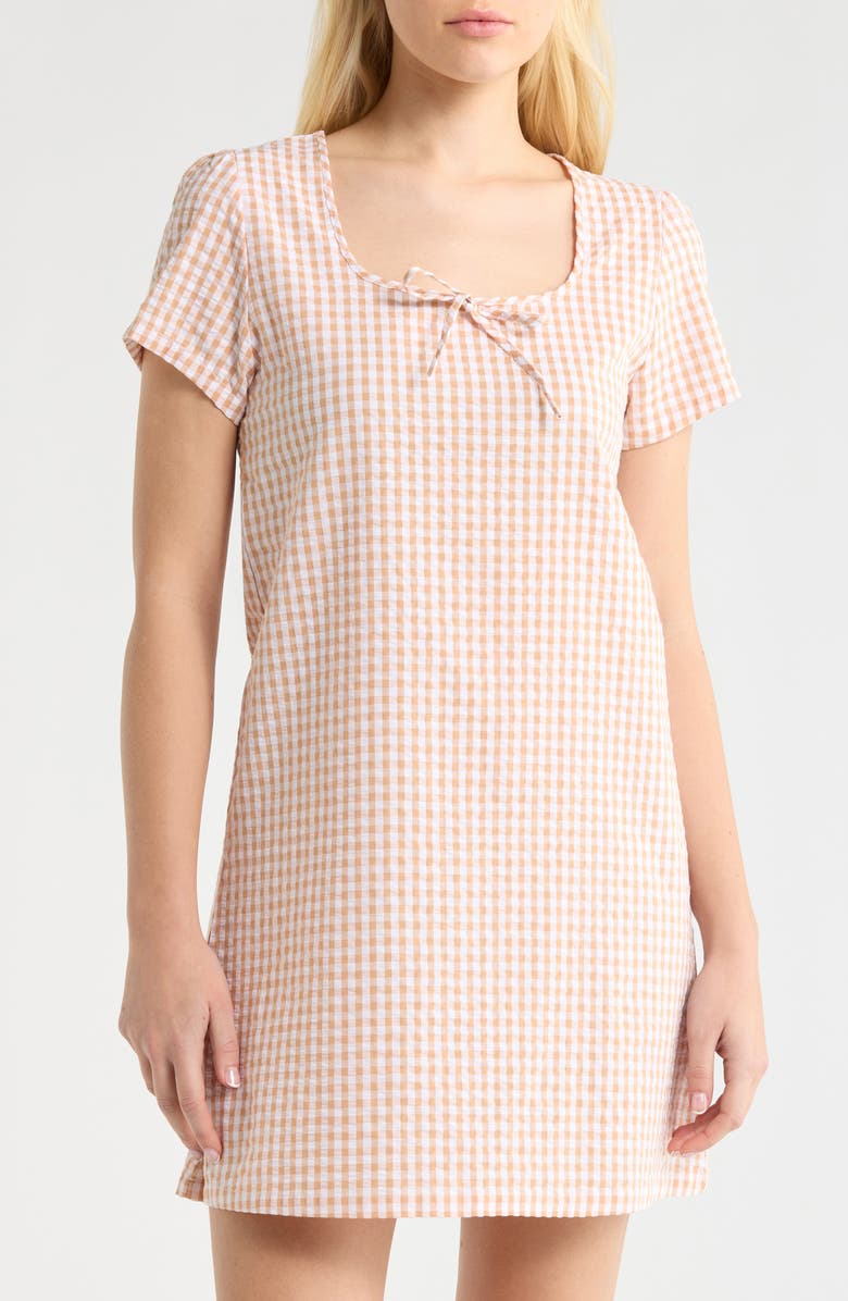 French Connection Gingham Seersucker Nightgown, Main, color, Tan Combo